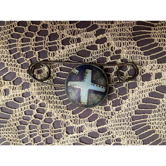 Vintage Shawl Pin Doubled Sided Enamel XL Safety Pin Boho New Wave Vintage 1980s - Picture 3 of 3